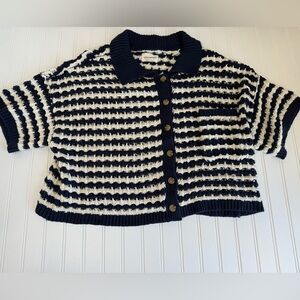 LUCKY BRAND Open Knit Collared Sweater Women Navy Blue Ivory Large NEW. 1178